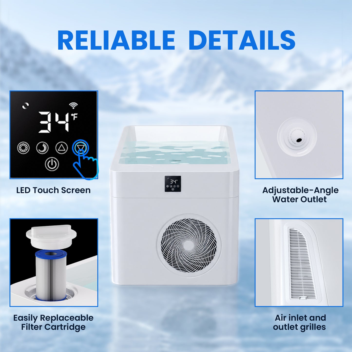AMBOHR cold plunge tub with LED touch screen, adjustable water outlet and replaceable filter