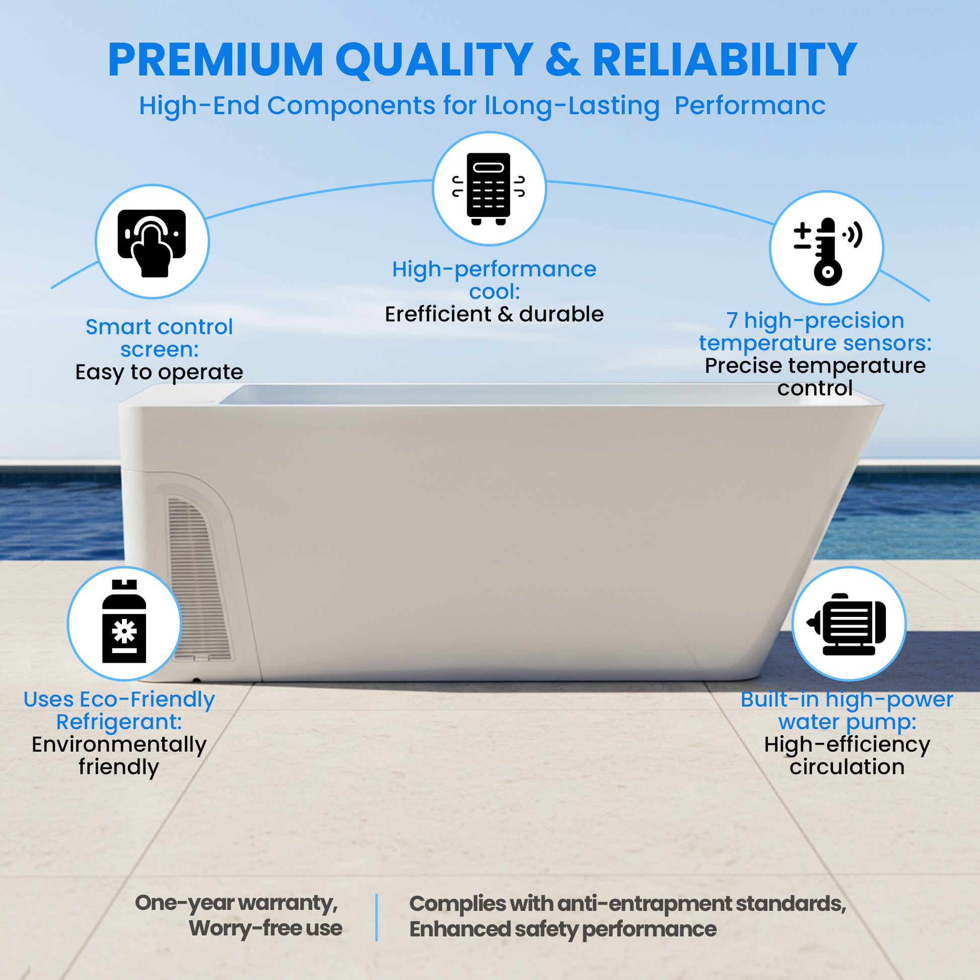 AMBOHR cold plunge tub with smart control screen, high-performance cooling, temperature sensors and built-in water pump