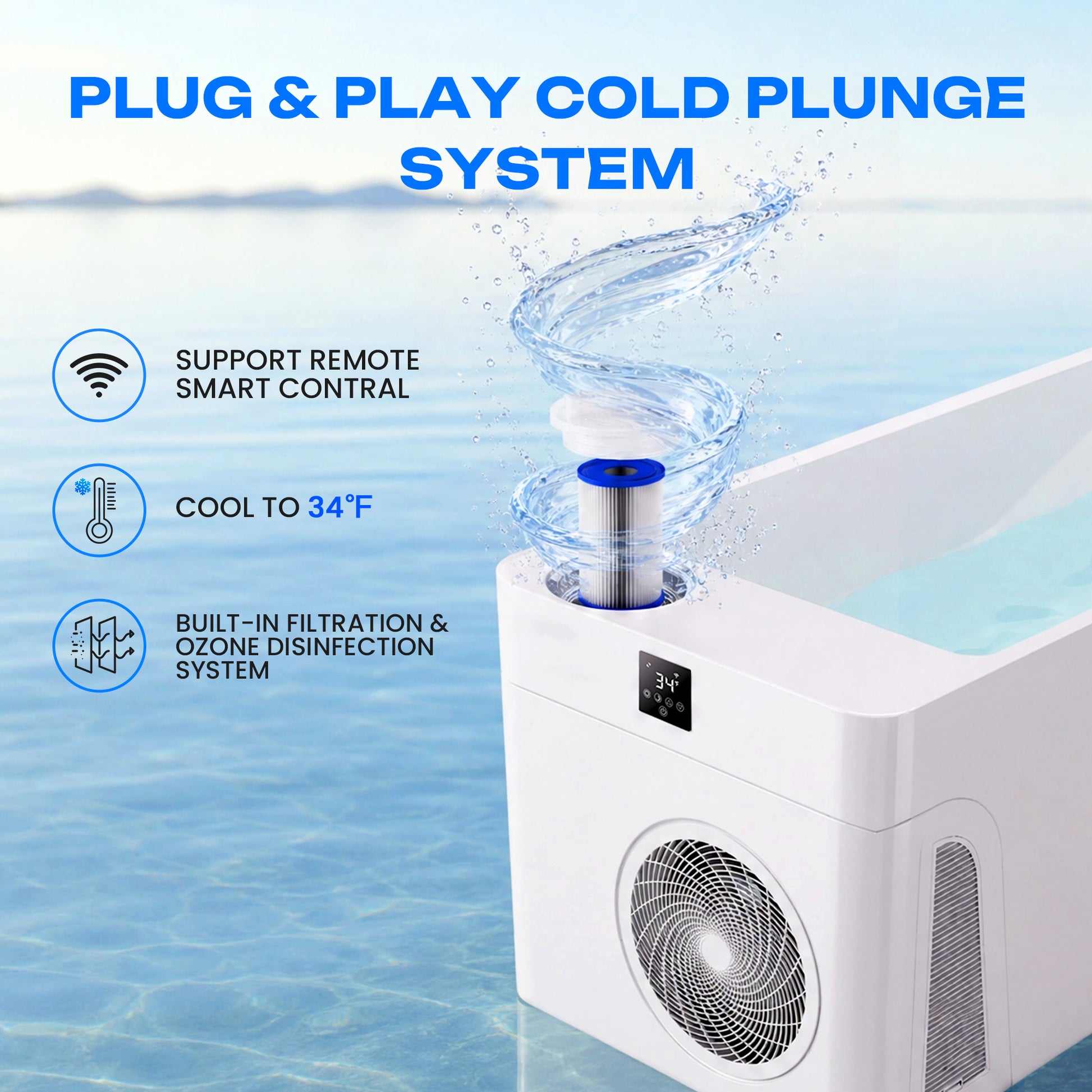 AMBOHR plug-and-play cold plunge system with smart remote control, cooling to 34°F, built-in filtration and ozone disinfection